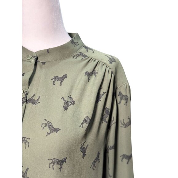 Faden Glory Womens L Shirt Green Zebra Print Button-Up Long Sleeve Blouse - Picture 5 of 11